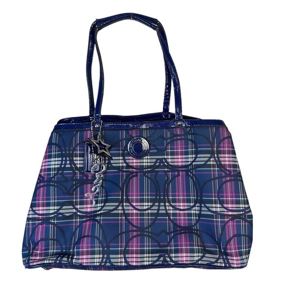 COACH Tartan plaid Poppy Glam Signature Shoulder Tote Bag Purple